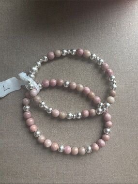 Pink Beaded Stretch Bracelet Set with Sterling Silver Beads